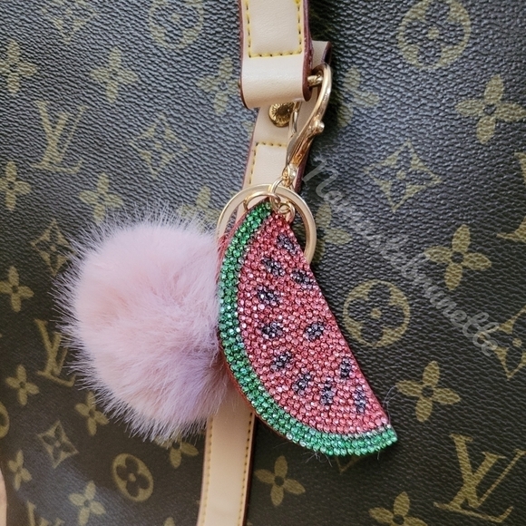 Rhinestone Watermelon Pom Pom Keychain Bag Charm - Picture 16 of 17